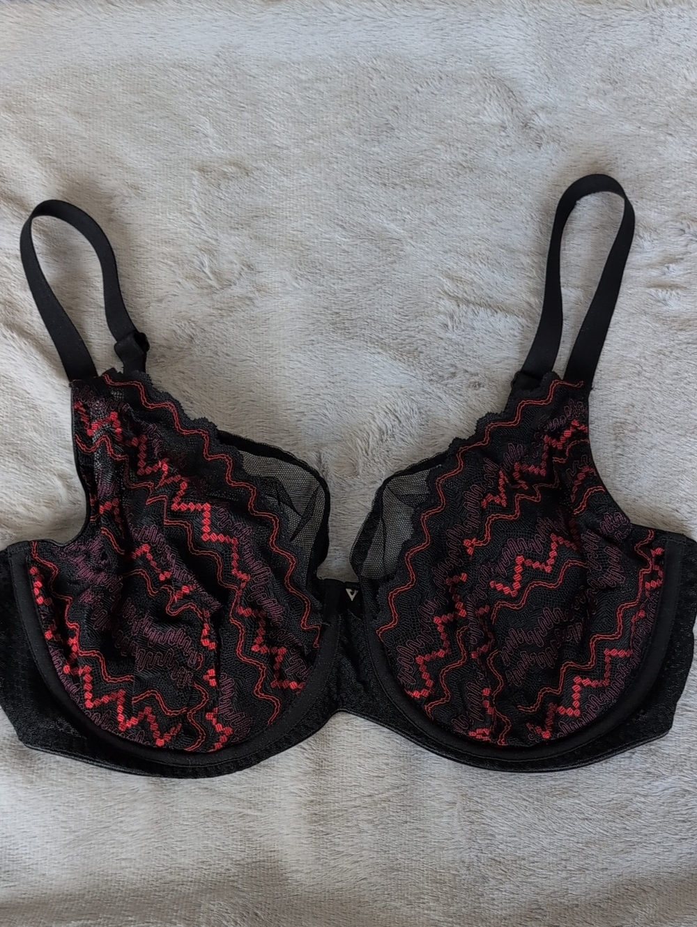 Freya Black Bra with Red Zigzag Lace Overlay